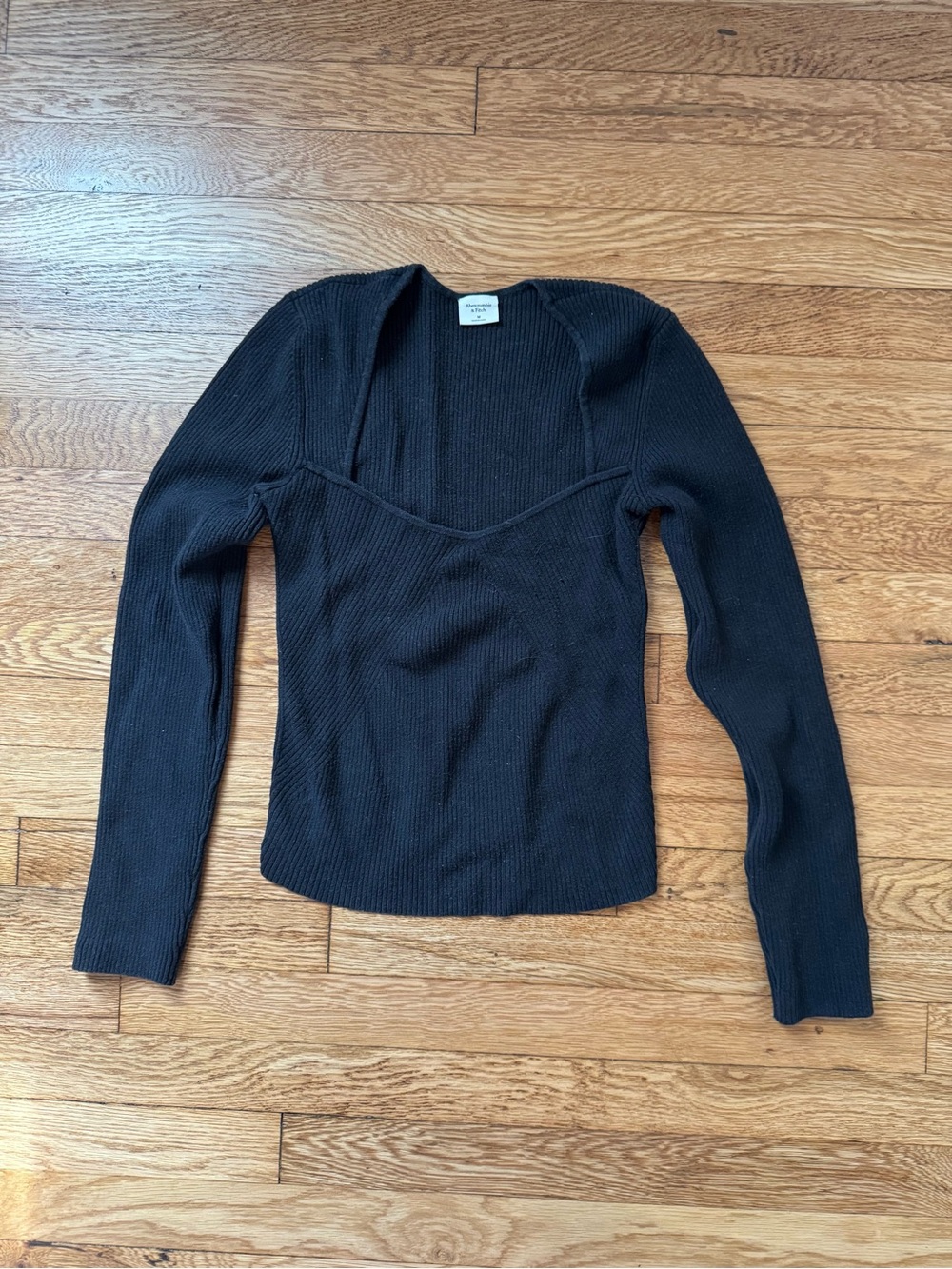 Abercrombie & Fitch Black Ribbed Long Sleeve, Square Neck Knit Sweater, Size Med